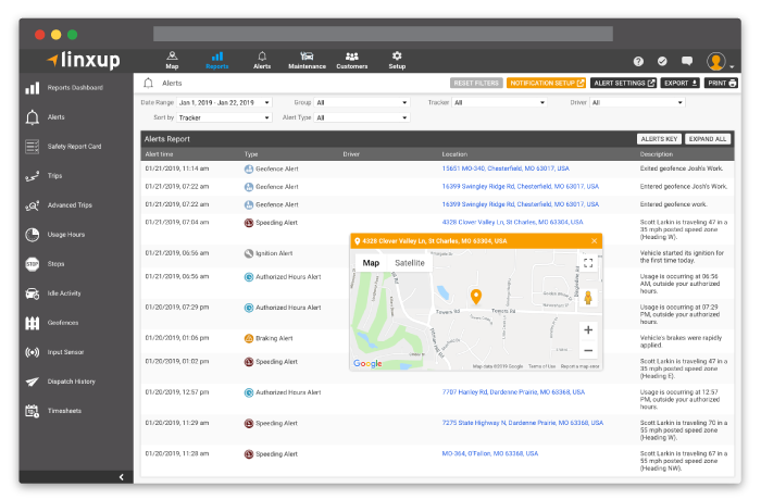 Linxup GPS tracking alerts in app
